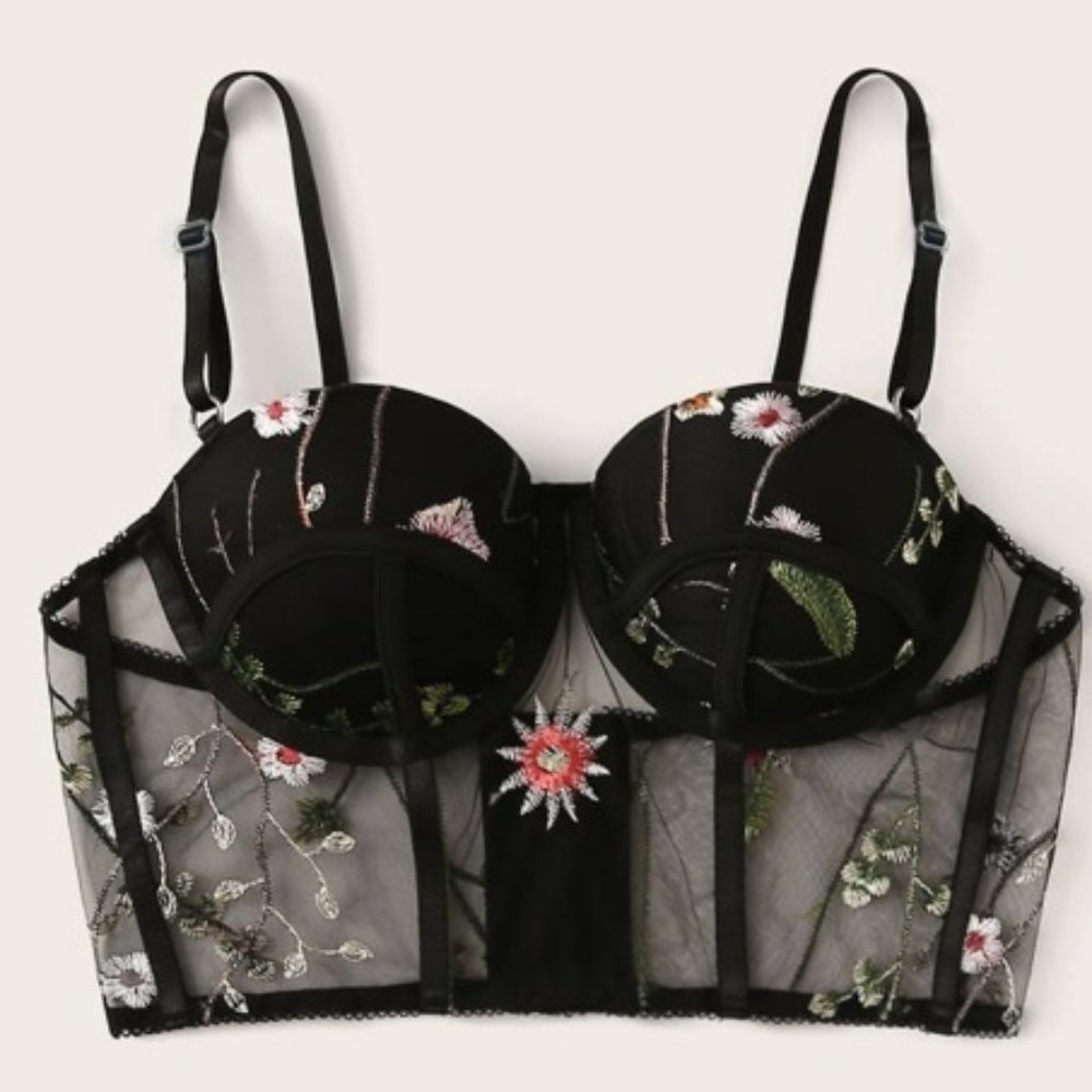 Floral Embroidery Mesh Underwire Lingerie Set - Picture 5 of 7